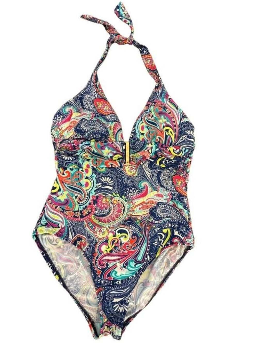 Liz Claiborne Paisley & Floral Print One Piece Halter Swimsuit Ruched